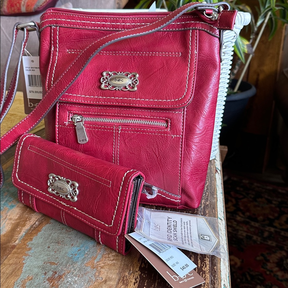 B.O.C. RED CROSSBODY BAG AND MATCHING WALLET. RFID credit card protector.